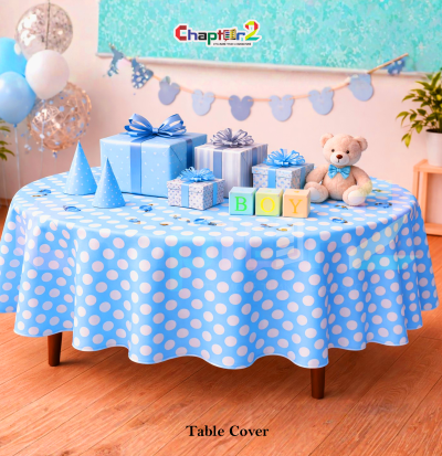Blue Polka Dot Round Table Cover (6x3 Feet) – Baby Boy Birthday Party Table Cloth Pakistan