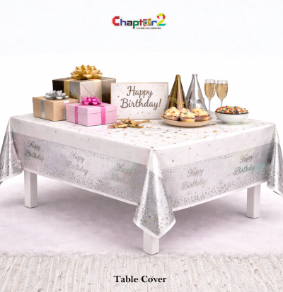 Premium Happy Birthday Table Cover White & Silver (54x72 Inches) – Disposable Party Table Cloth for Birthday Decorations Pakistan