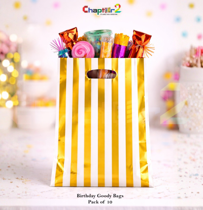 Premium Metallic Gold Striped Birthday Goody Bags (12x9 Inches) – Pack of 10 | Party Favor Gift Bags Pakistan