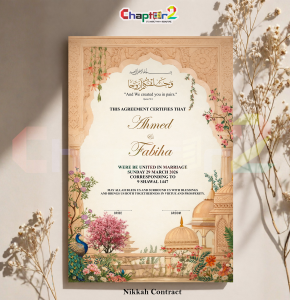 Royal Garden Palace Personalized Nikkah Contract – Mughal Floral Peacock Islamic Marriage Certificate 🌸🦚👑