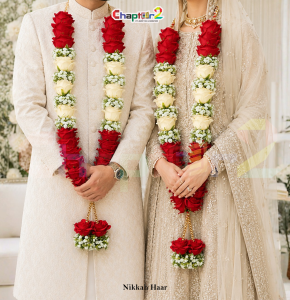Artificial Floral Nikkah Haar for Bride & Groom – Red & White Wedding Garland Mala