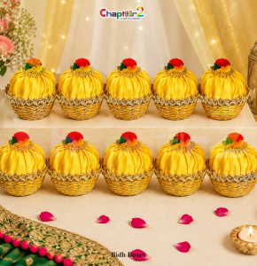 Golden Decorative Bidh Box with Satin Cover – Luxury Wedding & Mehndi Favor Basket