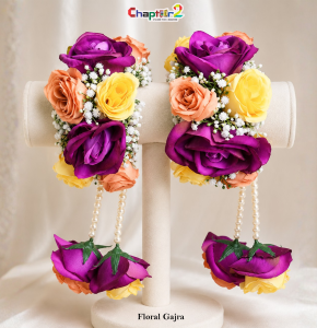Multicolor Artificial Floral Gajra Bracelet Pair with Pearl Tassels for Mehndi & Wedding Events