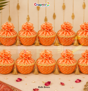 Peach Luxury Bidh Box with Satin Potli Cover – Wedding & Mehndi Favor Basket