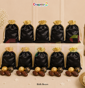 Black & Gold Satin Bidh Box Potli – Luxury Wedding Favor Gift Pouch