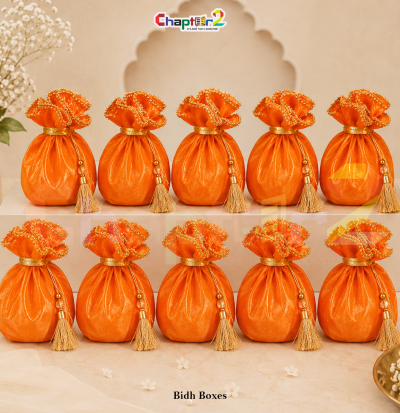 Orange Organza Bidh Box Pouch with Golden Tassel – Luxury Wedding Favor Gift Bag