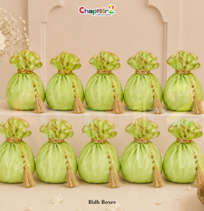 Luxury Light Green Potli Favor Bag with Golden Tassel – Organza Wedding & Eid Gift Pouch