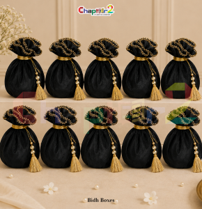 Luxury Black Potli Favor Bag with Golden Tassel – Premium Organza Wedding & Eid Gift Pouch