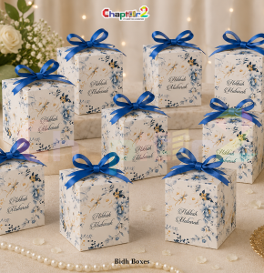 Luxury Floral Nikkah Mubarak Favor Box with Royal Blue Ribbon – Premium Wedding Gift Box 4 x 4 Inch