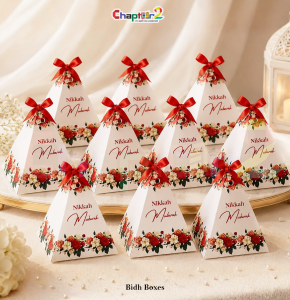 Luxury Floral Nikkah Mubarak Pyramid Favor Box with Red Ribbon – 4 x 4 Inch Wedding Gift Packaging Box