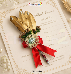 Luxury Golden Feather Nikkah Pen with Red Ribbon for Wedding Ceremony