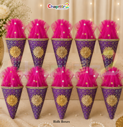 Purple Cone Nikkah Favor Box with Pink Net Cover – Luxury Wedding Sweet Cone Packaging