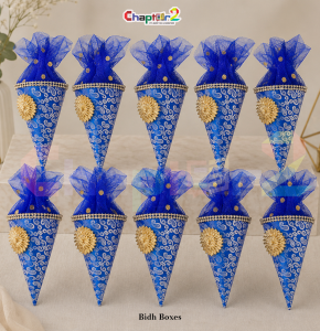 Royal Blue Cone Nikkah Favor Box with Decorative Net Cover – Luxury Wedding Giveaway Packaging