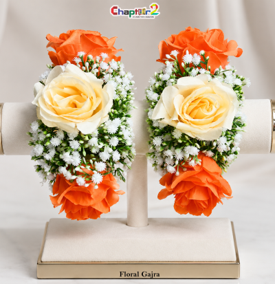 Orange & Cream Artificial Floral Gajra Bracelet Pair for Mehndi, Mayun & Wedding Events
