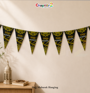 Hajj Mubarak Triangle Hanging Banner – Black & Gold 11 Inch Pack of 8 | Islamic Hajj Welcome Decoration