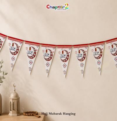 Hajj Mubarak Triangle Hanging Banner – White Multicolor Crescent Design 11 Inch Pack of 8 | Islamic Hajj Welcome Decoration