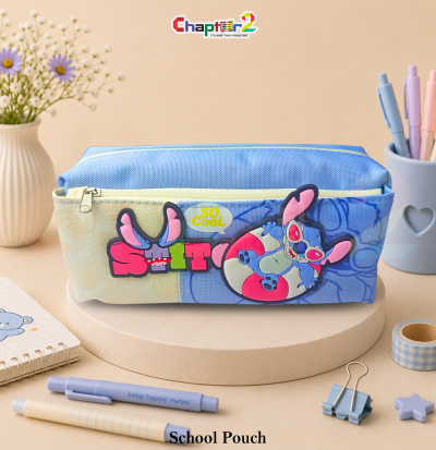 pencil pouch featuring Stitch shown upright on a display podium with cute stationery items surrounding it