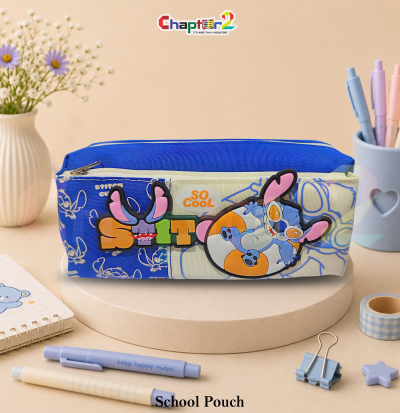 pencil pouch featuring Stitch shown upright on a display podium with cute stationery items surrounding it