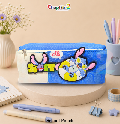pencil pouch featuring Stitch shown upright on a display podium with cute stationery items surrounding it