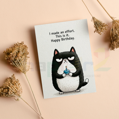 funny birthday greeting card featuring grumpy cat holding a tiny cake and humorous quote