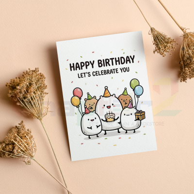 happy birthday greeting card featuring kawaii party characters and confetti design