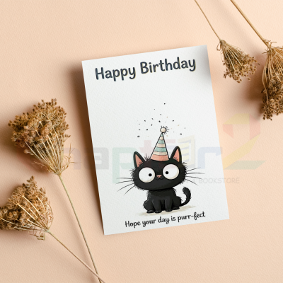 happy birthday greeting card featuring funny black cat in party hat design
