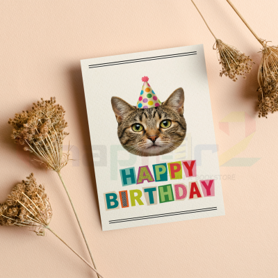 happy birthday greeting card featuring party cat with cut out letters design