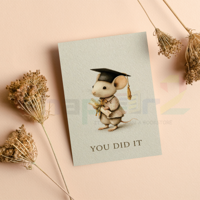 graduation greeting card featuring cute mouse wearing a mortarboard cap and holding a diploma scroll