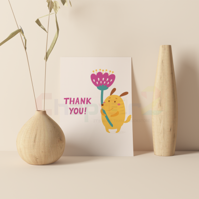 cute cartoon yellow dog holding giant pink flower thank you greeting card