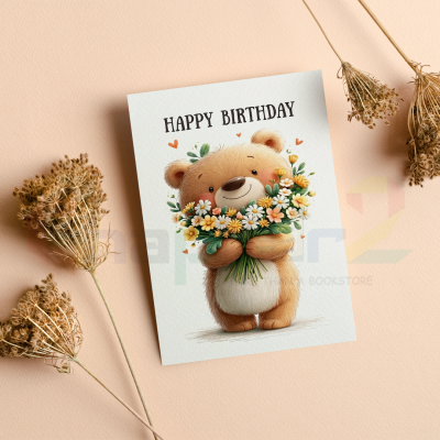 happy birthday greeting card featuring cute teddy bear holding flowers design