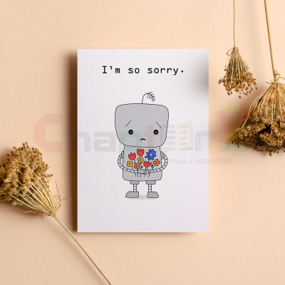 cute cartoon robot holding colorful flower bouquet i'm so sorry greeting card
