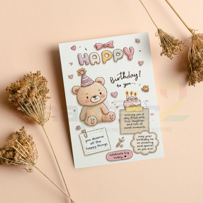 happy birthday greeting card featuring cute teddy bear and pastel scrapbook design