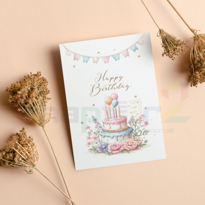 happy birthday greeting card featuring watercolor cake bunting and floral garden design