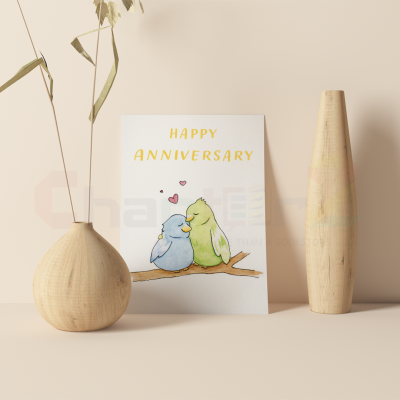 anniversary card featuring watercolor love birds branch design