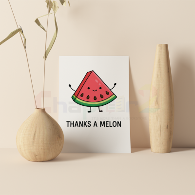 cute smiling cartoon watermelon slice waving thanks a melon pun thank you greeting card