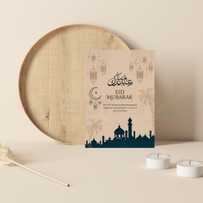 eid mubarak greeting card featuring mosque silhouette and hanging lanterns
