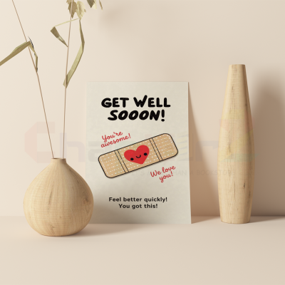 cute bandage get well soon greeting card featuring cartoon bandaid with red heart