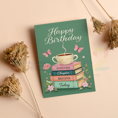 happy birthday greeting card featuring another chapter begins books and tea design