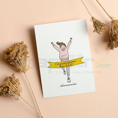 congratulations greeting card featuring leaping character breaking a finish line banner