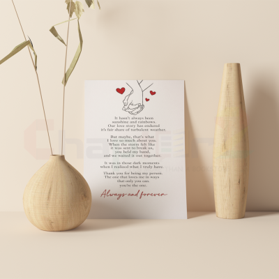 anniversary card featuring holding hands illustration and always and forever poem design