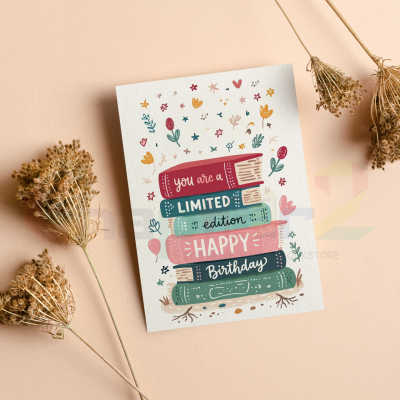 happy birthday greeting card featuring stack of books and limited edition design