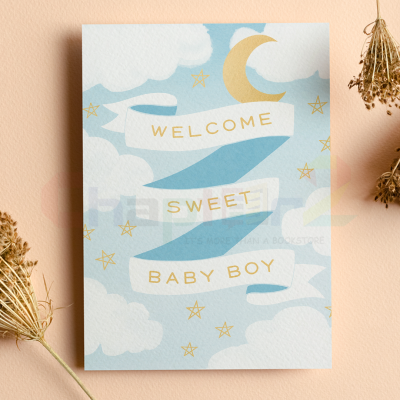 baby boy greeting card featuring welcome sweet baby boy cloud design
