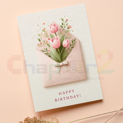 happy birthday greeting card featuring pink envelope and watercolor tulips design