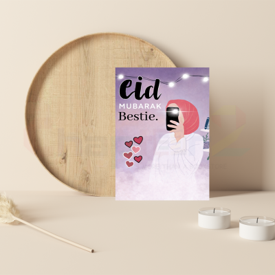 bestie eid mubarak greeting card featuring a mirror selfie illustration and floating hearts