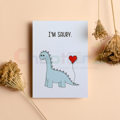 cute blue dinosaur with red heart balloon on tail i'm saury sorry greeting card