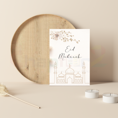 minimalist line art mosque eid mubarak greeting card featuring delicate floral design