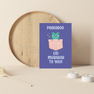 peekaboo frog eid mubarak greeting card featuring a cute frog in a pocket