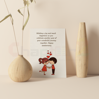 anniversary card featuring cute couple holding hands and floating red hearts design