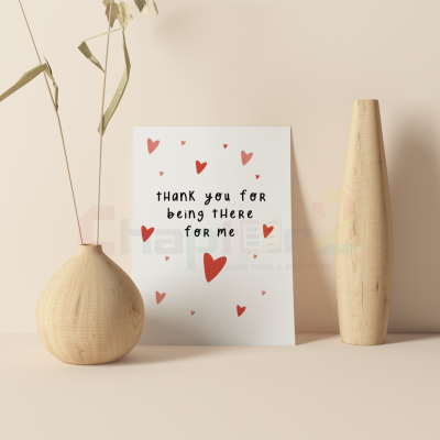 cute thank you greeting card with floating red hearts and thank you for being there for me message