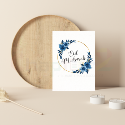 royal blue floral wreath eid mubarak greeting card featuring gold ring design